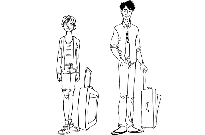 Caitlin and Josh standing with their suitcases