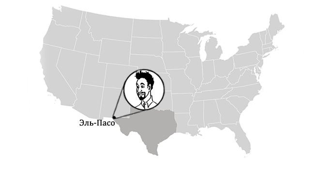 map of U.S. with El Paso labeled and a pop-up circle with Tony's face