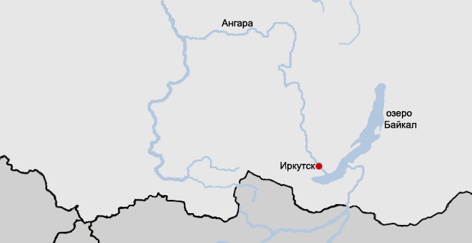 map showing Angara river and Lake Baikal near Irkutsk